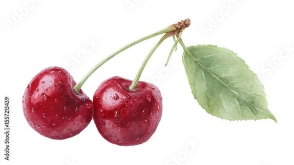 Fototapeta Juicy twin cherries glisten beside a singular leaf, evoking Hanami picnics and the whimsical Cherry Pit Spitting Day