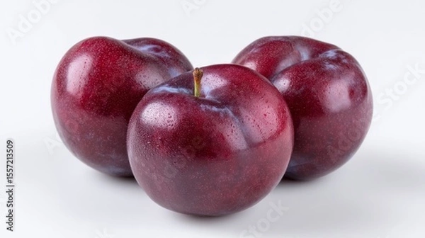 Fototapeta Glorious maroon plums, evoking harvest moon tales and Hanami picnics, glisten with morning dew, inviting a tart symphony
