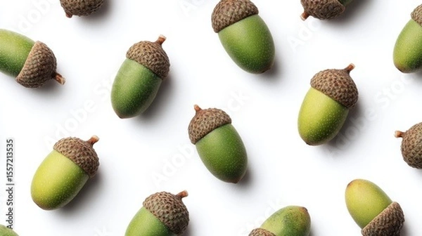 Fototapeta Acorns dance on ivory canvas, evoking whispers of autumnal equinox rituals and squirrelly festivities beneath ancient oak mythology
