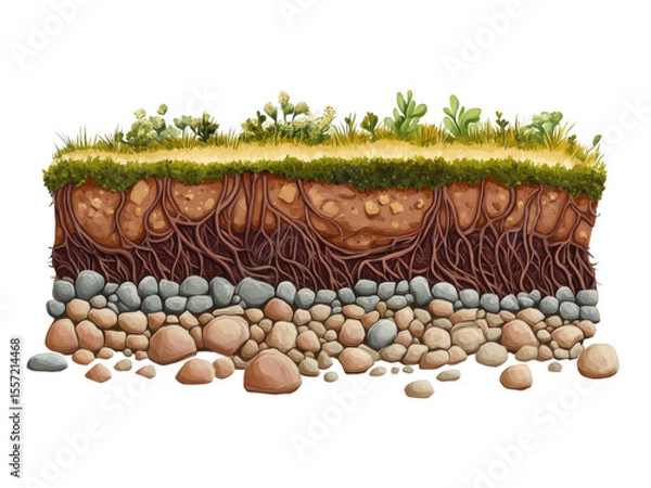 Fototapeta Detailed cutout of soil layers with plants and rocks transparent background png for nature illustrations