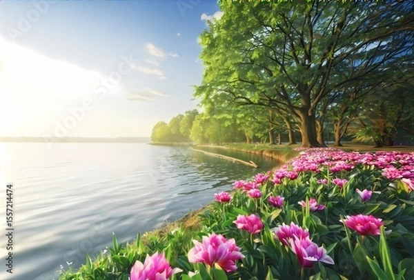 Obraz Tulips on the lake in the morning. Spring landscape.