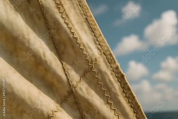 Fototapeta Close-up of sail fabric with zigzag stitching pattern and cloudy sky background, highlighting seam texture and traditional nautical textile
