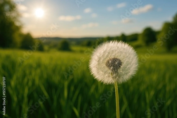 Fototapeta Soft dandelion bloom with a summer scenery backdrop
