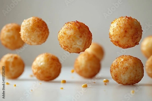 Fototapeta Golden Fried Cheese Balls Floating Against a Soft White Background with Corn Kernels