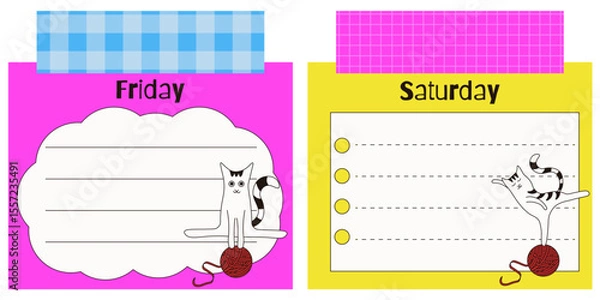 Fototapeta Set of kids Daily planner template design. Vector illustration of juicy color Day Planner with funky fun cat and adhesive tape. Ideal child Plan list nursery schedule template design. EPS 10