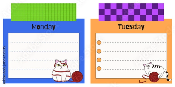 Fototapeta Kids Daily planner list. Vector illustration of Day Planner with Whimsical cute cat input text area and duct tape. Perfect silly child to do list nursery scrapbook art. EPS 10