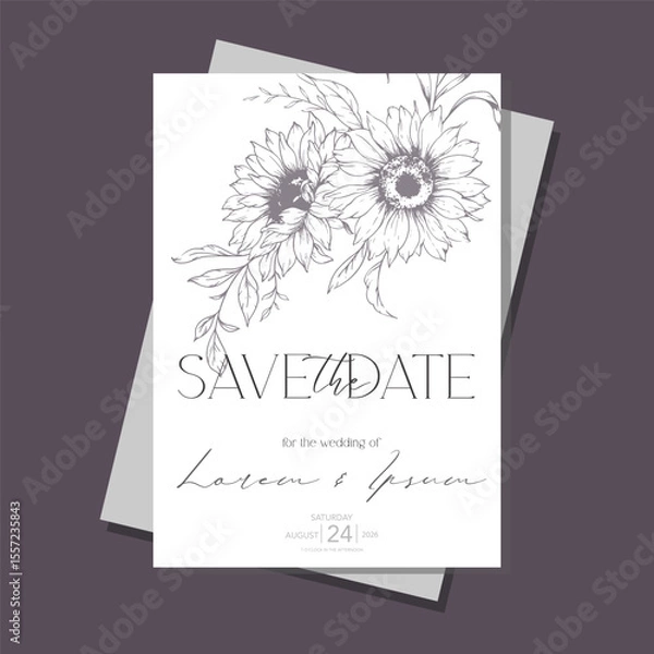Fototapeta Sunflowers Wedding Invitation template, Outline Sunflowers Minimalist Wedding Invitate Template, Line Art Sunflowers Wedding