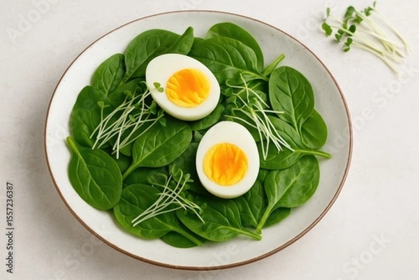 Fototapeta Starter featuring egg, leafy greens, and microgreens