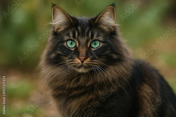 Obraz Stunning feline with glossy brown and black fur and captivating green-turquoise eyes