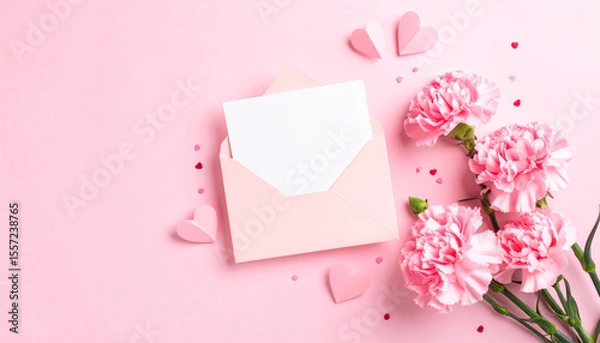 Obraz Valentine's Day background with pink flowers, hearts, and envelope on pastel pink backdrop