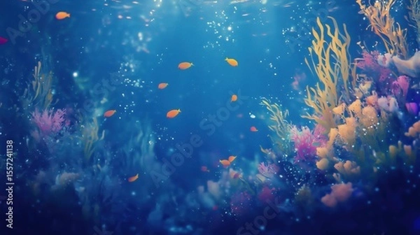 Obraz Serene underwater scene shows vibrant coral reefs with tiny golden fish swimming gracefully in the deep blue ocean.