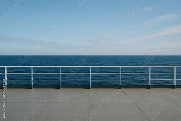 Fototapeta Empty ship deck overlooking calm ocean under blue sky, tranquil maritime setting for background or design 