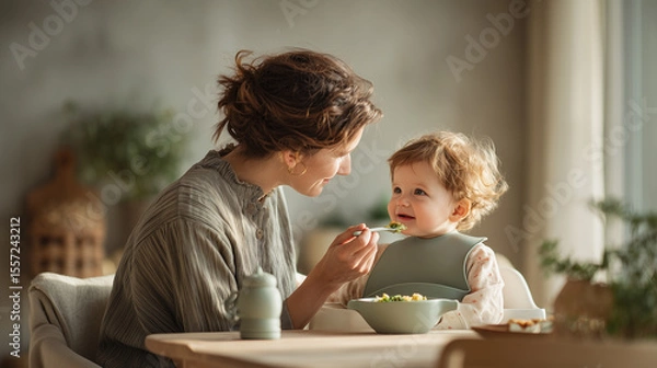 Fototapeta Mother feeding her toddler at a wooden dining table, surrounded by soft natural light and greenery, showcasing a nurturing and joyful mealtime experience