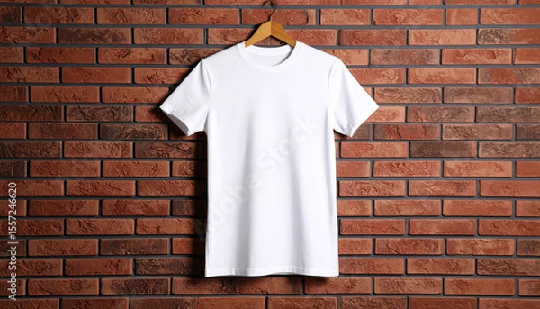 Obraz White T Shirt Hanging on Brick Wall Background for Apparel Mockup and Display