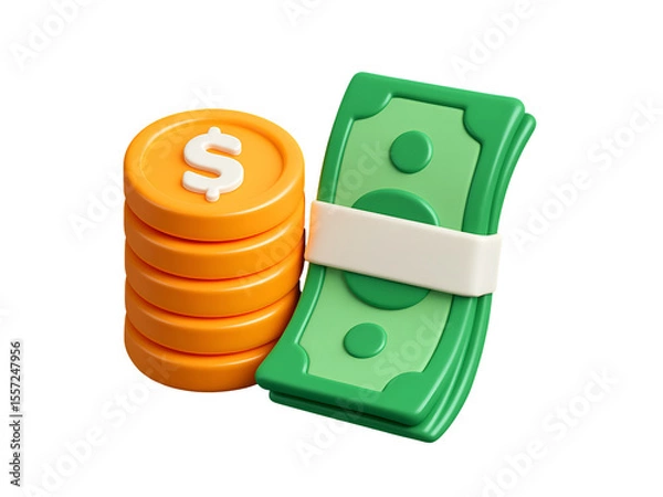 Fototapeta 3D Money Stack with Dollar Coins and Cash Bundle Illustration Isolated on Transparent Background