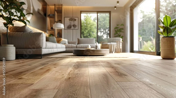 Fototapeta A sleek, contemporary living space where wide-plank light oak vinyl flooring runs uninterrupted wall-to-wall, paired with floating furniture to keep focus on the floora??s pattern.