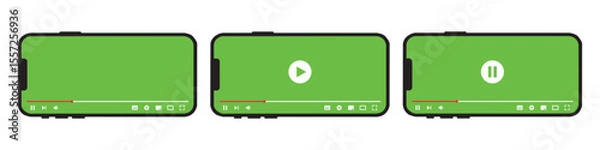 Obraz Video player on Smartphone screen template icon. Multimedia player template icon, green screen vector illustration