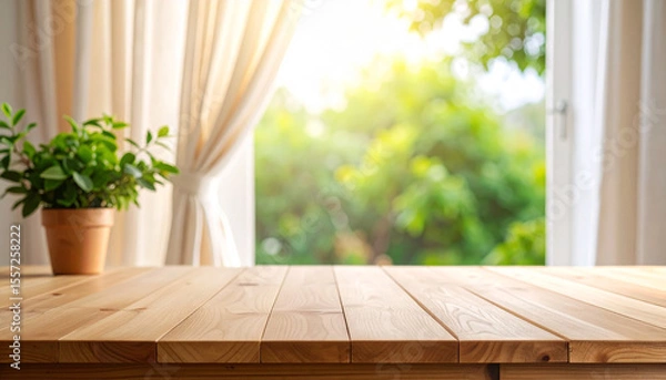 Obraz Wooden Table Top with Blurred Background and Half Curtailed Window Light

