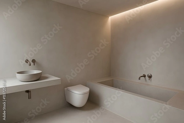 Fototapeta Minimalist bathroom with microcement walls, hidden lighting, and built-in bathtub