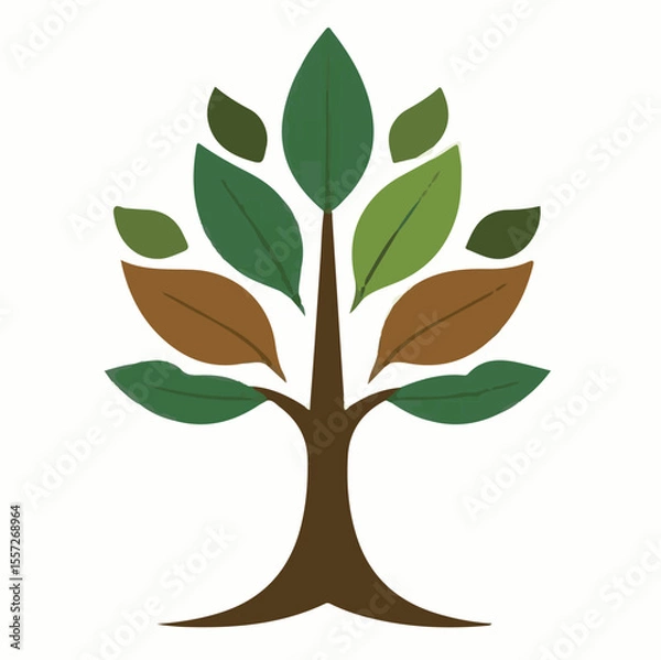 Obraz A minimalist vector illustration of a tree with a brown trunk and various shades of green and brown leaves, symbolizing nature and growth.