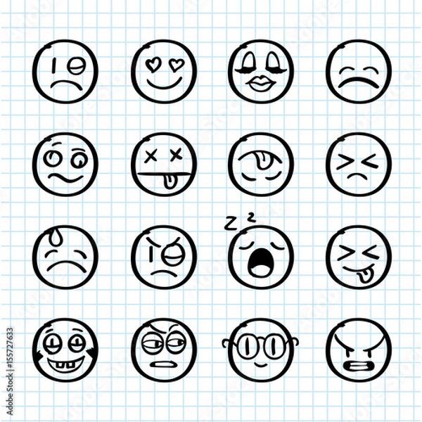 Fototapeta Set of hand drawn smiles on realistic paper