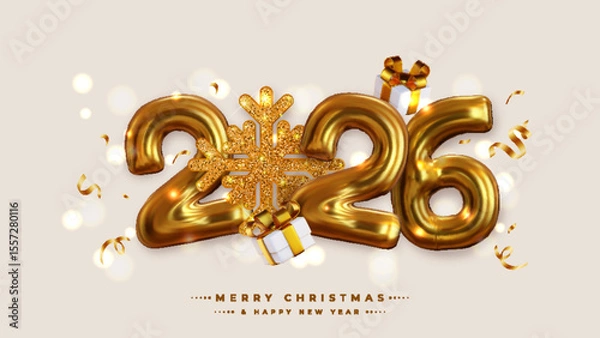 Fototapeta Happy New Year 2026 in the form of realistic, 3D stylized numbers, accompanied by gold snowflakes. This symbol is suitable for posters, banners, greeting cards and other layout designs.