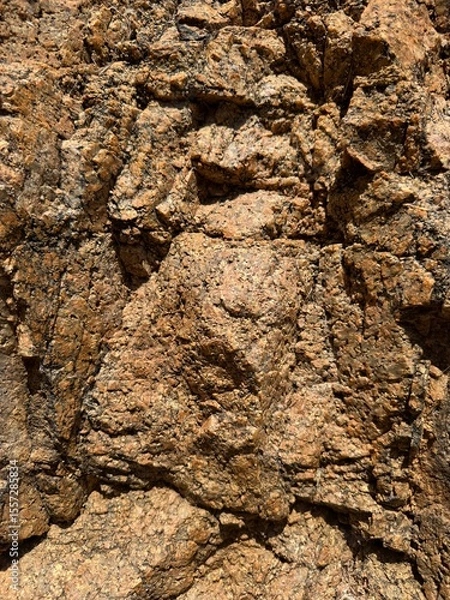 Fototapeta Close-up of textured rock surface with rich earthy tones and visible fissures, ideal for geology, backgrounds, or natural material studies.