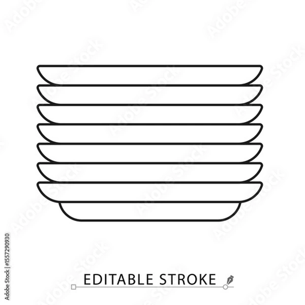 Obraz A stack of plates icon in minimalist style with editable stroke. Kitchen tableware, dish set, organized dishes, serving items, household object, ceramic cookware, outline drawing