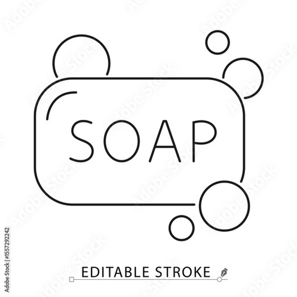 Obraz A bar of soap icon in minimalist style with editable stroke. Hygiene product, bathroom item, hand washing, skincare tool, sanitation object, cleaning symbol, outline drawing, vector line illustration.