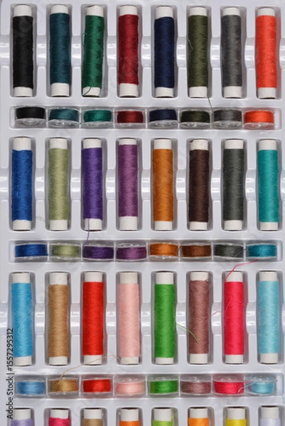 Obraz A top-down shot of a large assortment of colorful sewing threads neatly arranged in a white plastic storage box