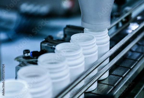 Fototapeta Close up counting and automatic tablet bottling machine in the pharmaceutical industry production line