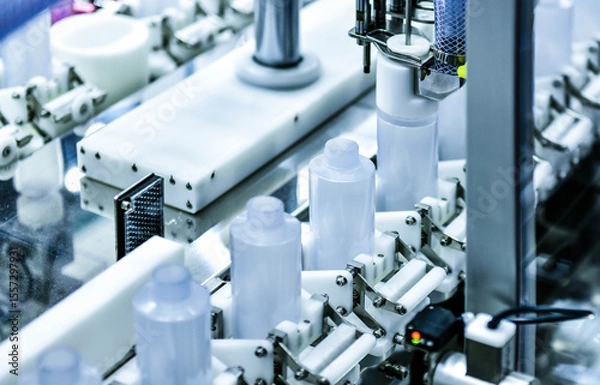 Fototapeta White plastic bottles in a conveyor belt on a high quality automatic vertical filling machine. in the factory production line