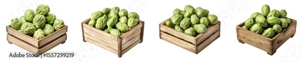Fototapeta Set of various wooden box full of chayote isolated on transparent background