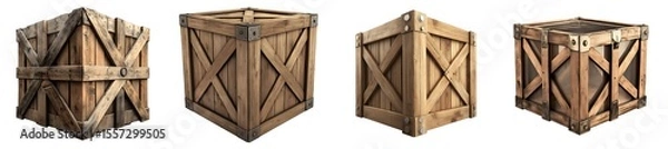 Fototapeta Collection of various empty square wooden box isolated on transparent background
