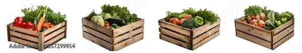 Fototapeta Collection of various wooden box with vegetables isolated on transparent background