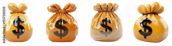 Fototapeta Set of various 3D icon of yellow money bag isolated on transparent background