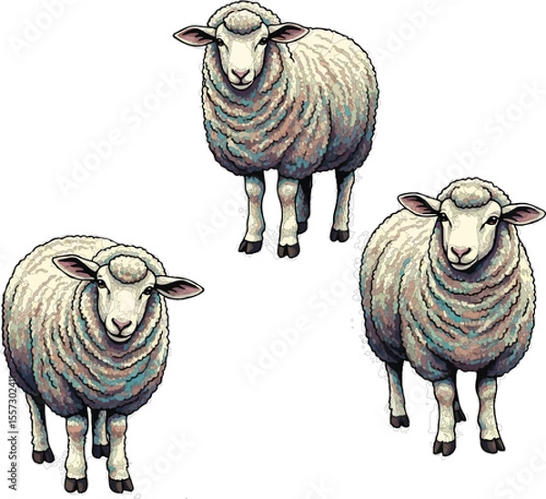 Fototapeta Cute and furry sheep vector illustration with 3 adorable sheep, fluffy farm animals artwork, cartoon style wooly sheep design, countryside livestock graphic for kids, prints, or educational use