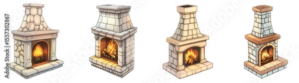Fototapeta Set of various Vintage fireplace, 3d style, cartoon isolated on transparent background