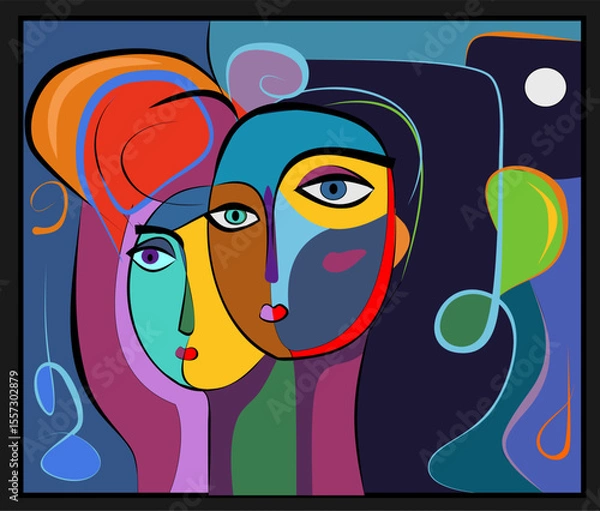 Fototapeta Two abstract faces are interwoven with colorful, flowing lines and shapes against a dark background. The use of vibrant reds, blues, and greens creates a striking contrast