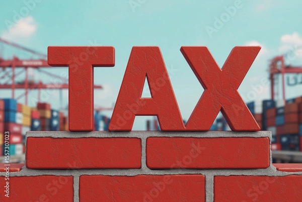 Fototapeta TAX made from red bricks in harbor setting with cargo containers, perfect for import export taxation