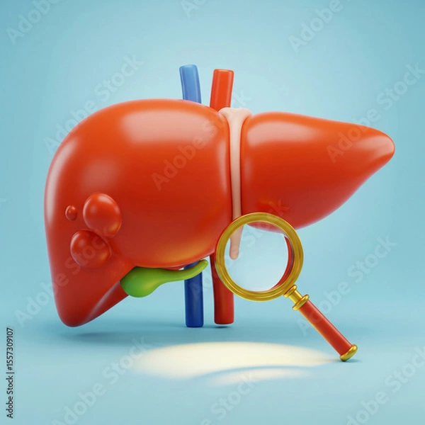 Fototapeta Simplified Medical 3D Model of the Liver (Hepar), Gallbladder, and Hepatic Vasculature on a blue background. With Diagnostic Focus