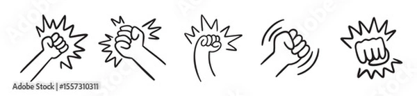 Fototapeta fist and fight related doodle hand drawn icon set. Outline drawing fist and fight related line clipart symbol collection

