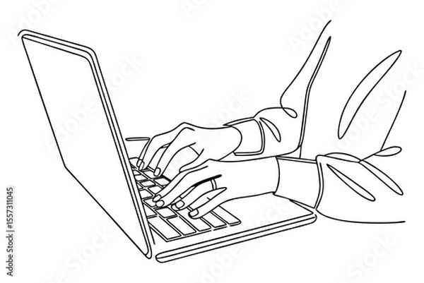 Obraz Typing hands on laptop in minimalist line drawing on white background