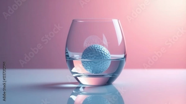 Fototapeta A submerged golf ball in a glass of water rests on a reflective surface against a soft pink backdrop