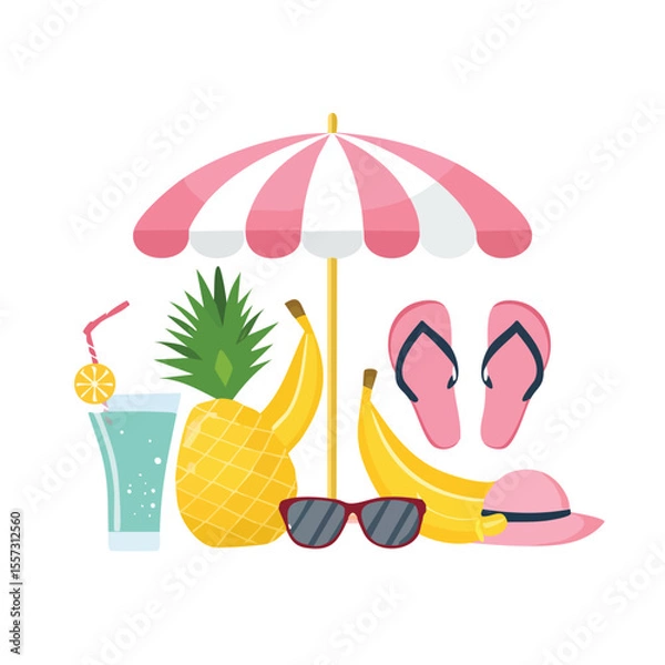 Fototapeta Summer vacation illustration featuring pineapple banana sunglasses flip flops cocktail sun hat and pink striped beach umbrella with a white background