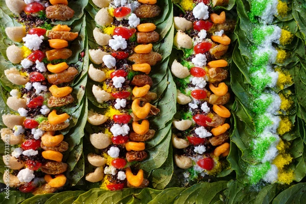 Fototapeta Close-up of colorful paan preparations on betel leaves, arranged in rows, showcasing various sweet treats and spices.