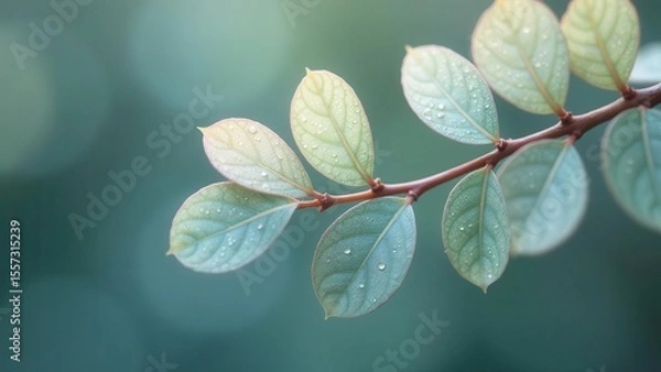Fototapeta Serene branch with dew-kissed leaves, softly illuminated by morning light, exhibiting delicate textures and vibrant hues.