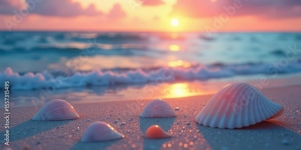 Fototapeta Seashells on Sandy Shore at Sunset, Glowing with Warm Light and Gentle Waves