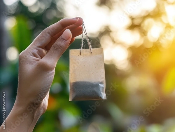Fototapeta Delicate tea bag held with soft sunlight and green backdrop.