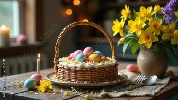 Fototapeta A delightful Easter basket cake adorned with pastel eggs and spring blossoms sits on a rustic wooden table, accompanied by a lit candle and daffodils